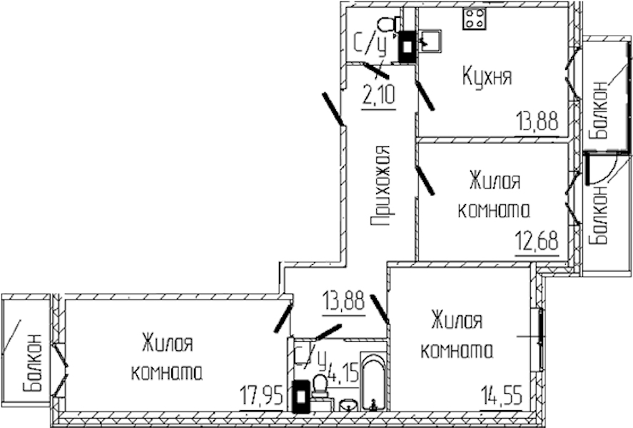 3-комнатная квартира 82.4 м², 5/6 эт., ЖК «SERTOLOVO PARK»